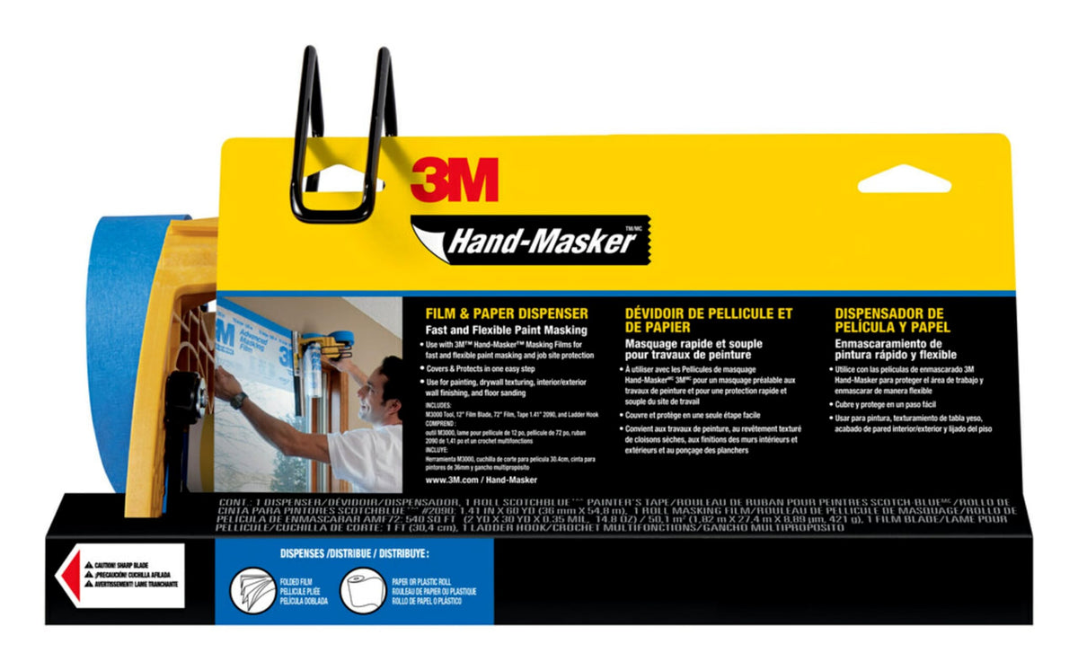 3M hand-masker front view showing compact dispenser and benefit of fast setup