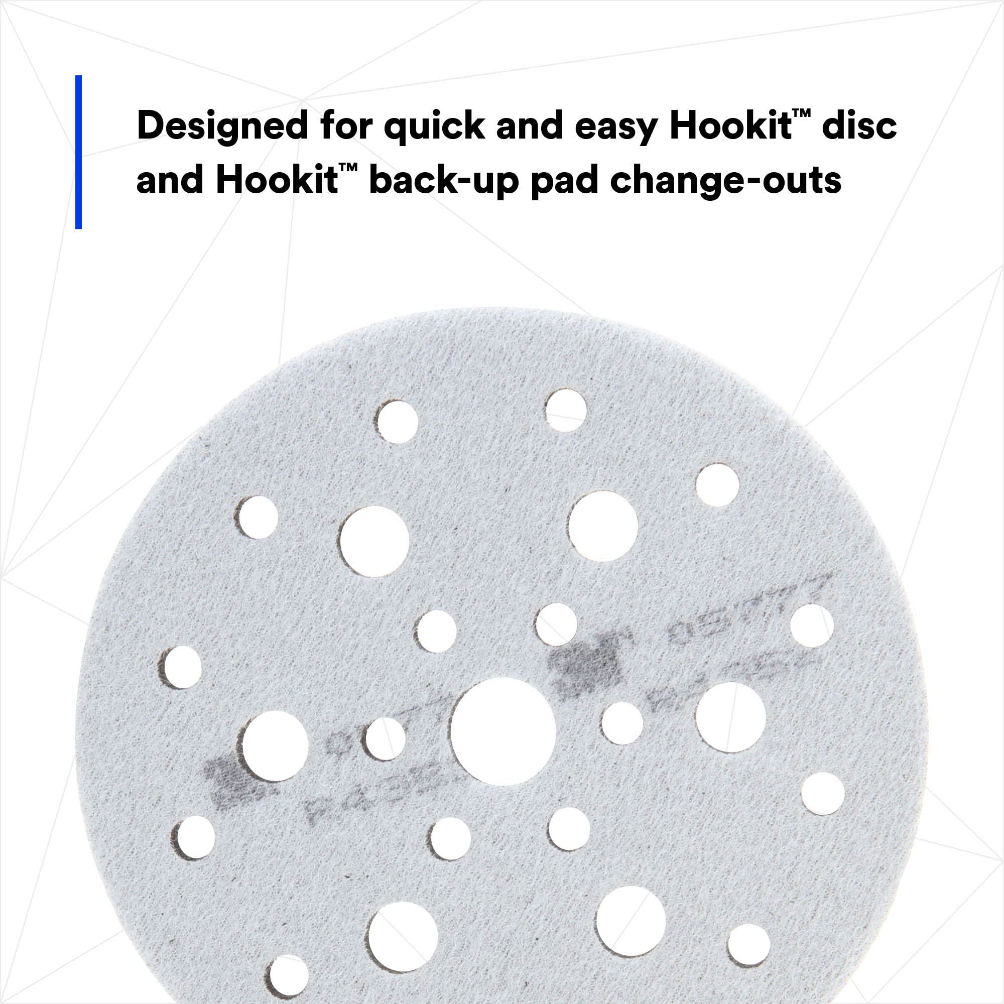 3M Hookit pad mounted on sander in use illustrating improved finish and faster disc changes