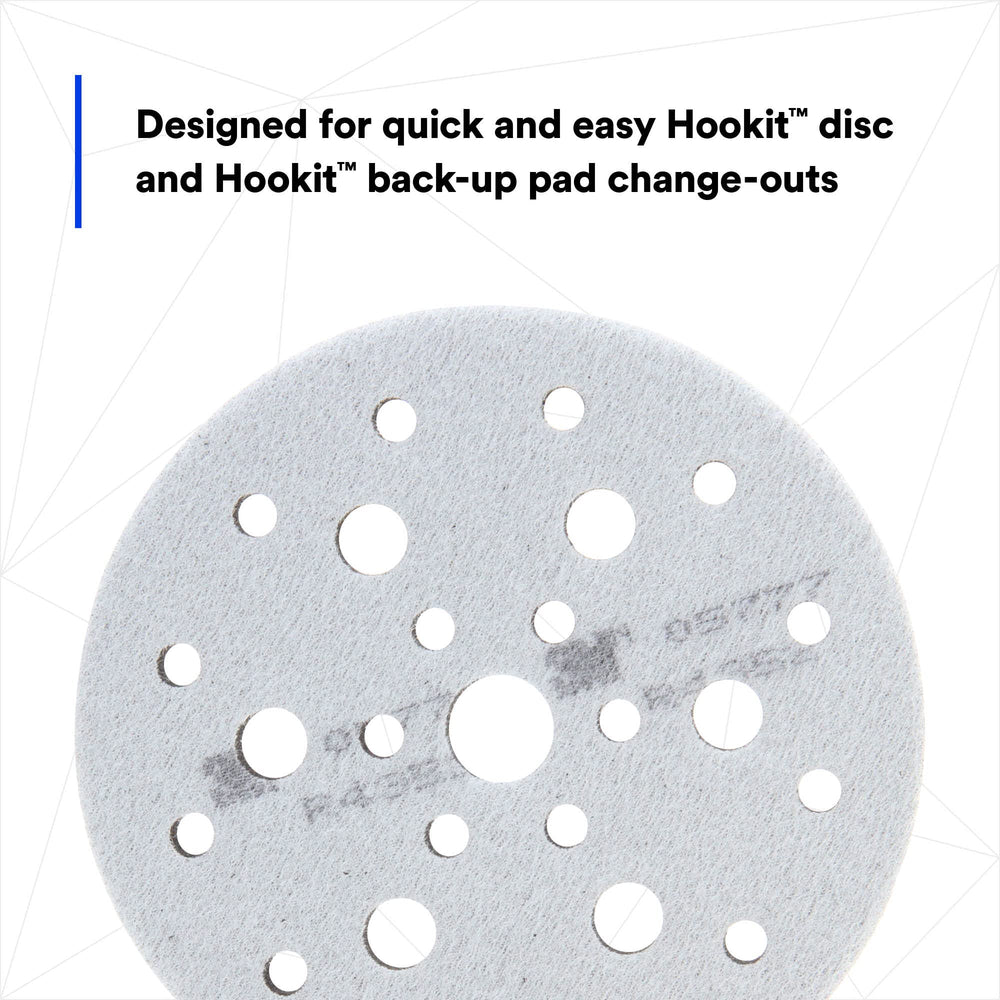 3M Hookit pad mounted on sander in use illustrating improved finish and faster disc changes