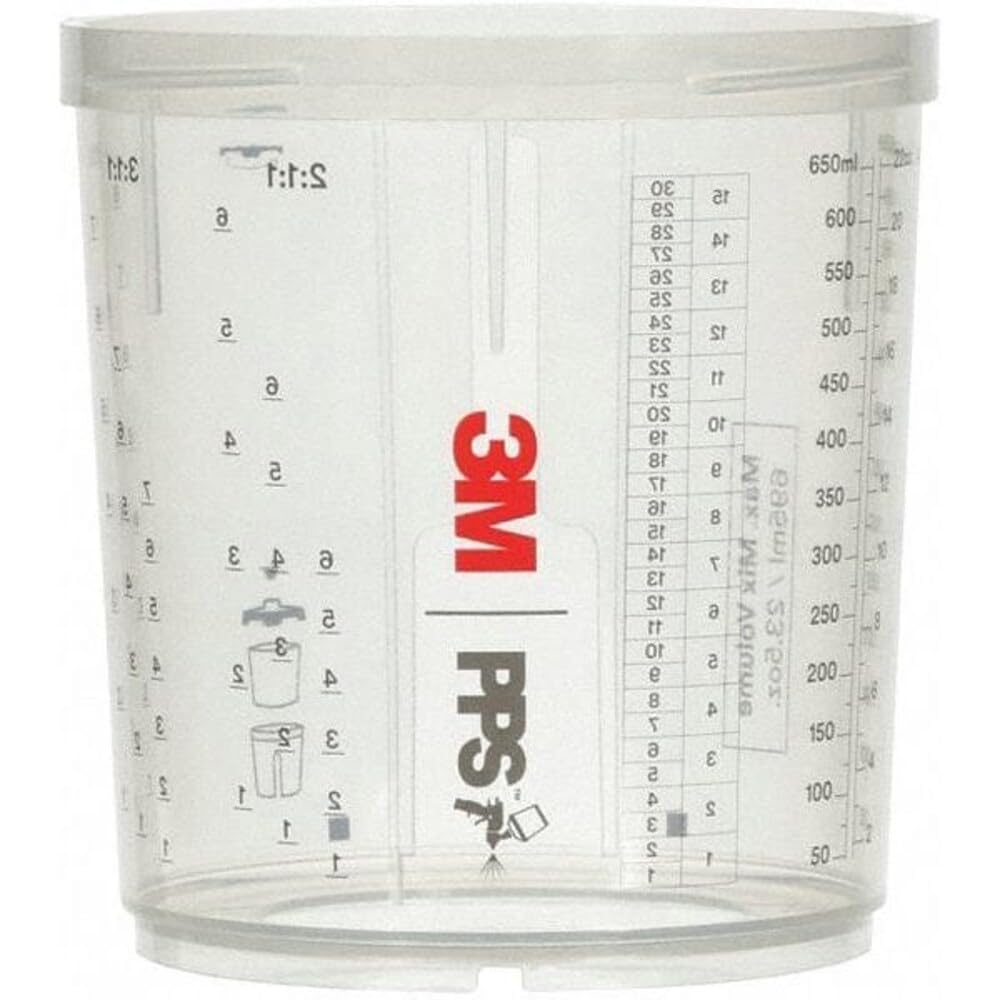 3M PPS 2.0 cup front view shows clear window and measured mixing ratios for accurate use