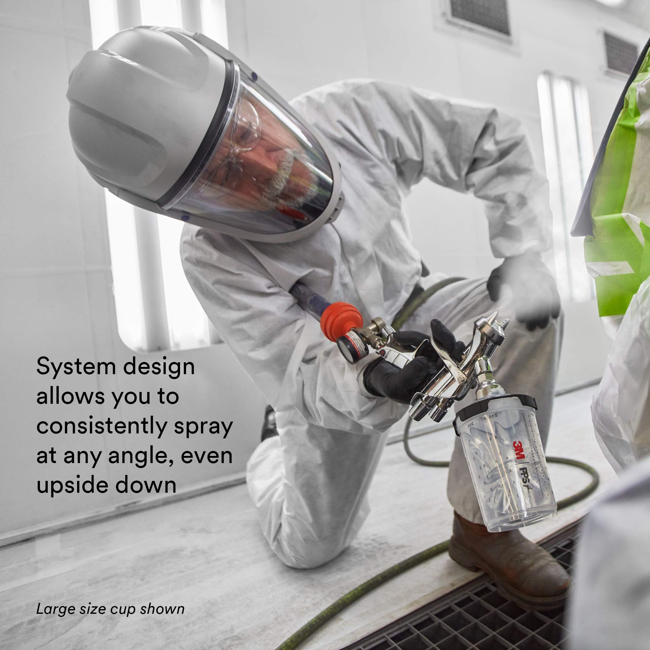 3M stainless steel adapter mounted on spray gun showing stable lid-to-gun connection