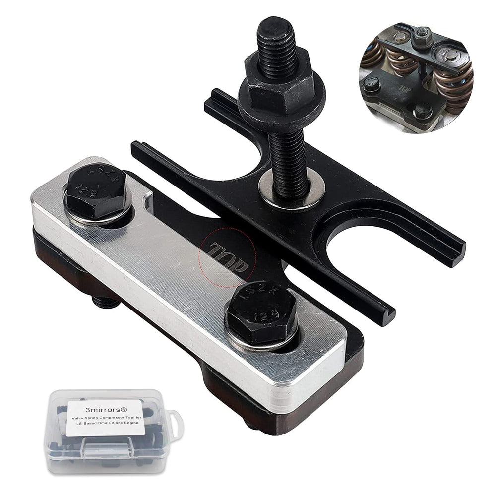 3mirrors front view of complete valve spring compressor kit showing organized tools and box for easy transport
