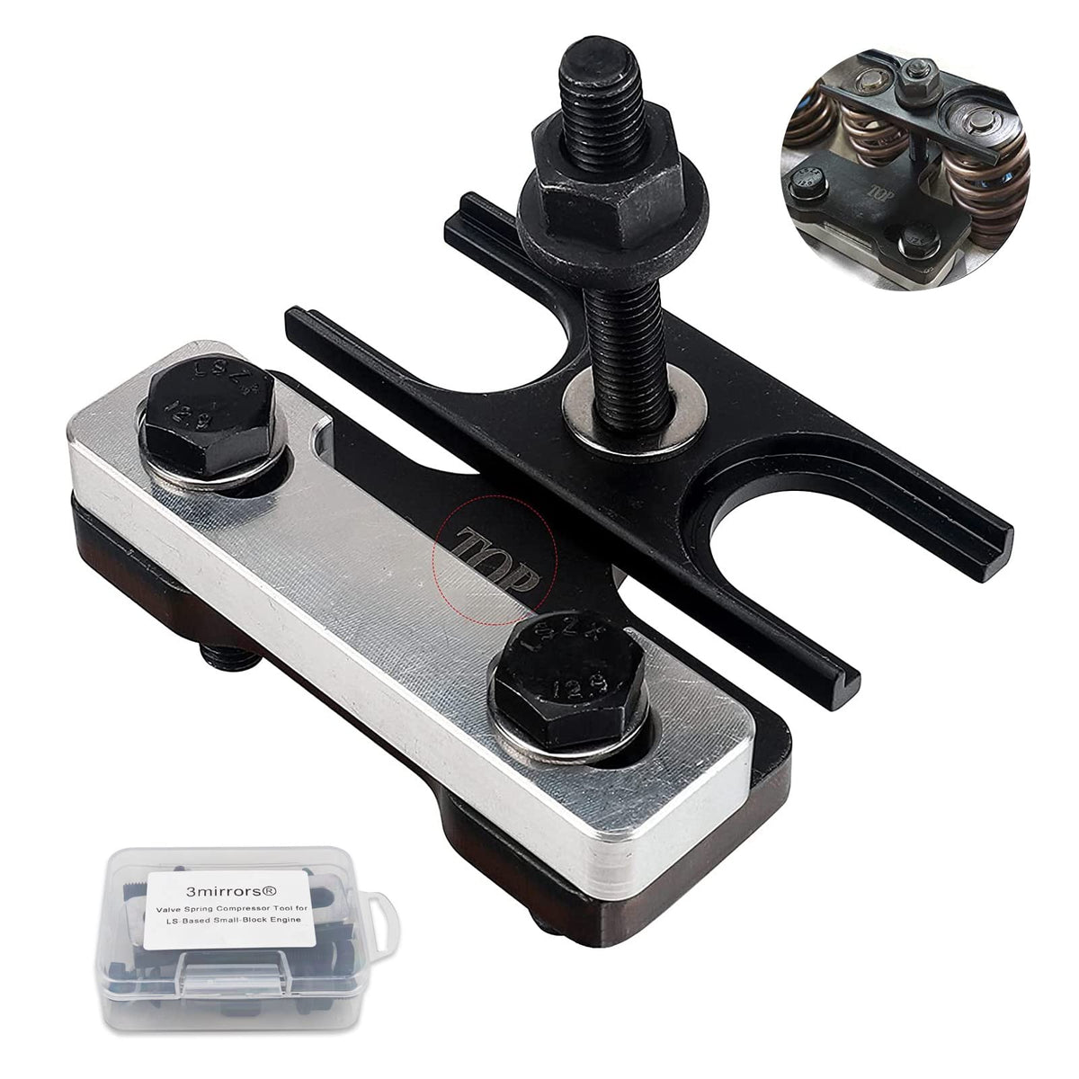 3mirrors front view of complete valve spring compressor kit showing organized tools and box for easy transport
