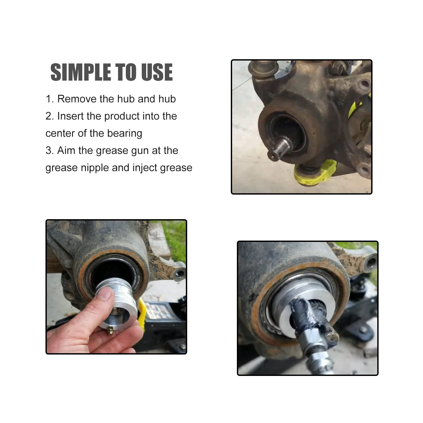3mirrors grease gun connected in use demonstrating direct grease flow into bearing without disassembly