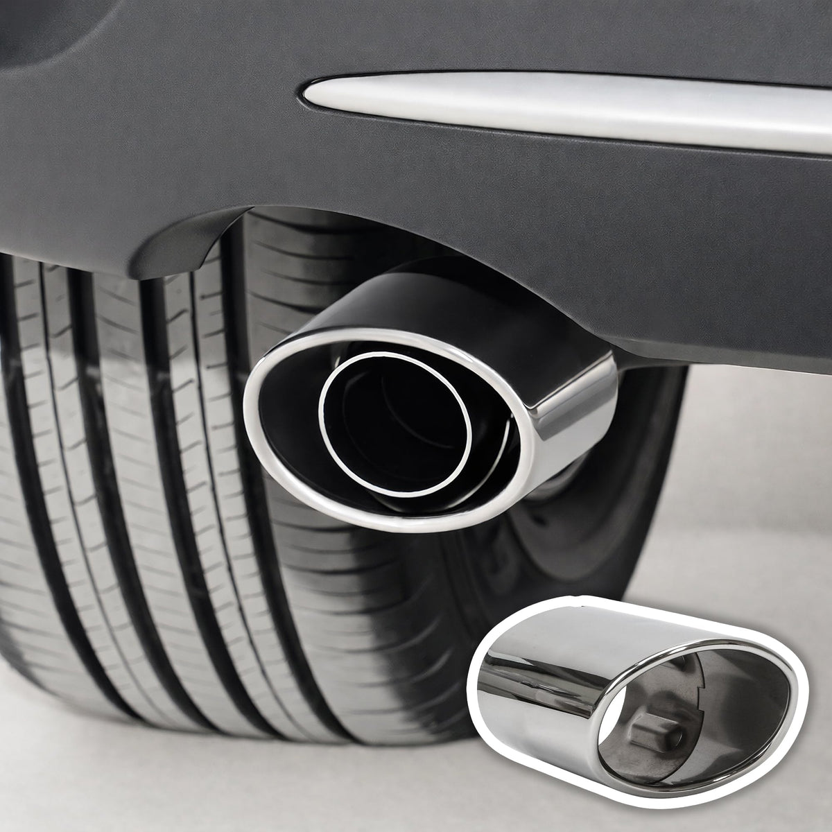 3TVol front view of exhaust tip showing sleek polished finish and improved rear look
