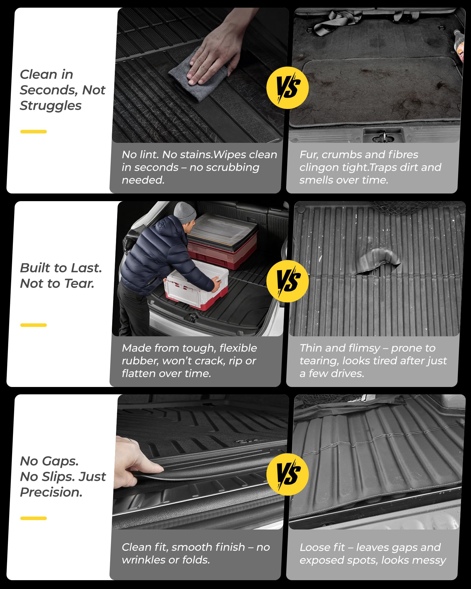 3W BMW X5 cargo liner label showing TPE material and odorless safety benefit