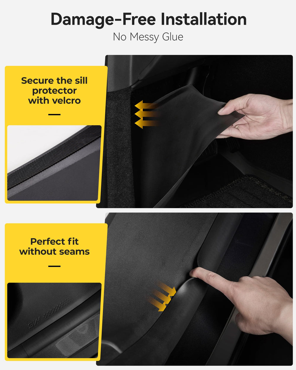 3W lifestyle image of Model Y entry with guards preventing scuffs
