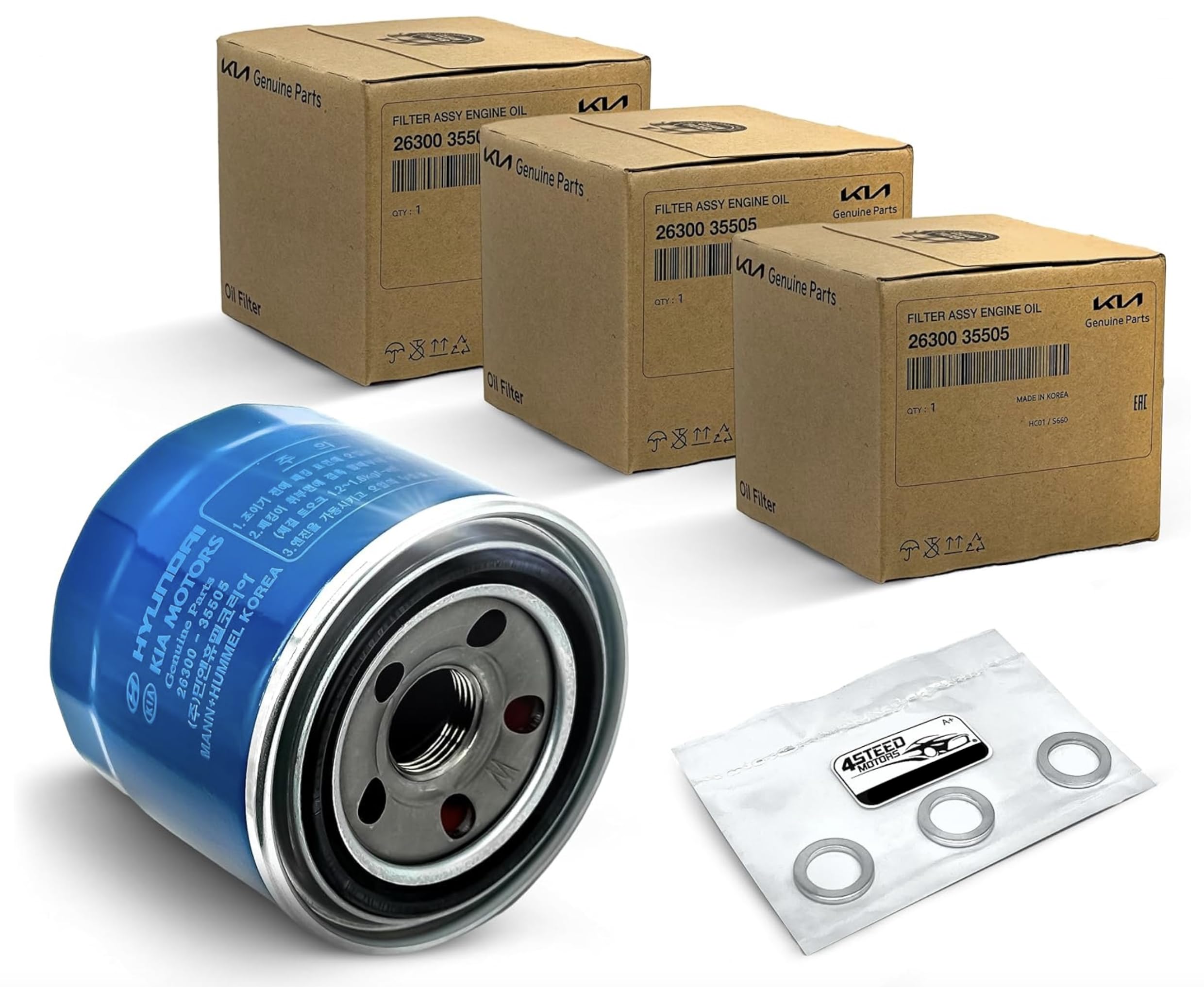 4STEED MOTORS front view of three boxed oil filters showing packaging and brand benefit