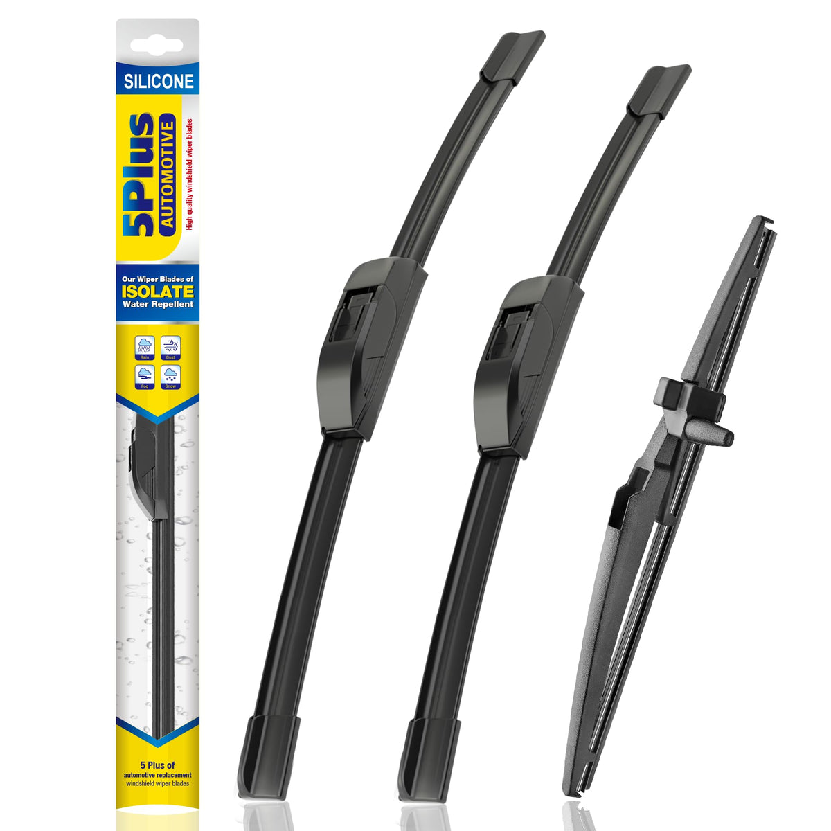 5 PLUS three-pack packaging showing contents and vehicle compatibility benefits