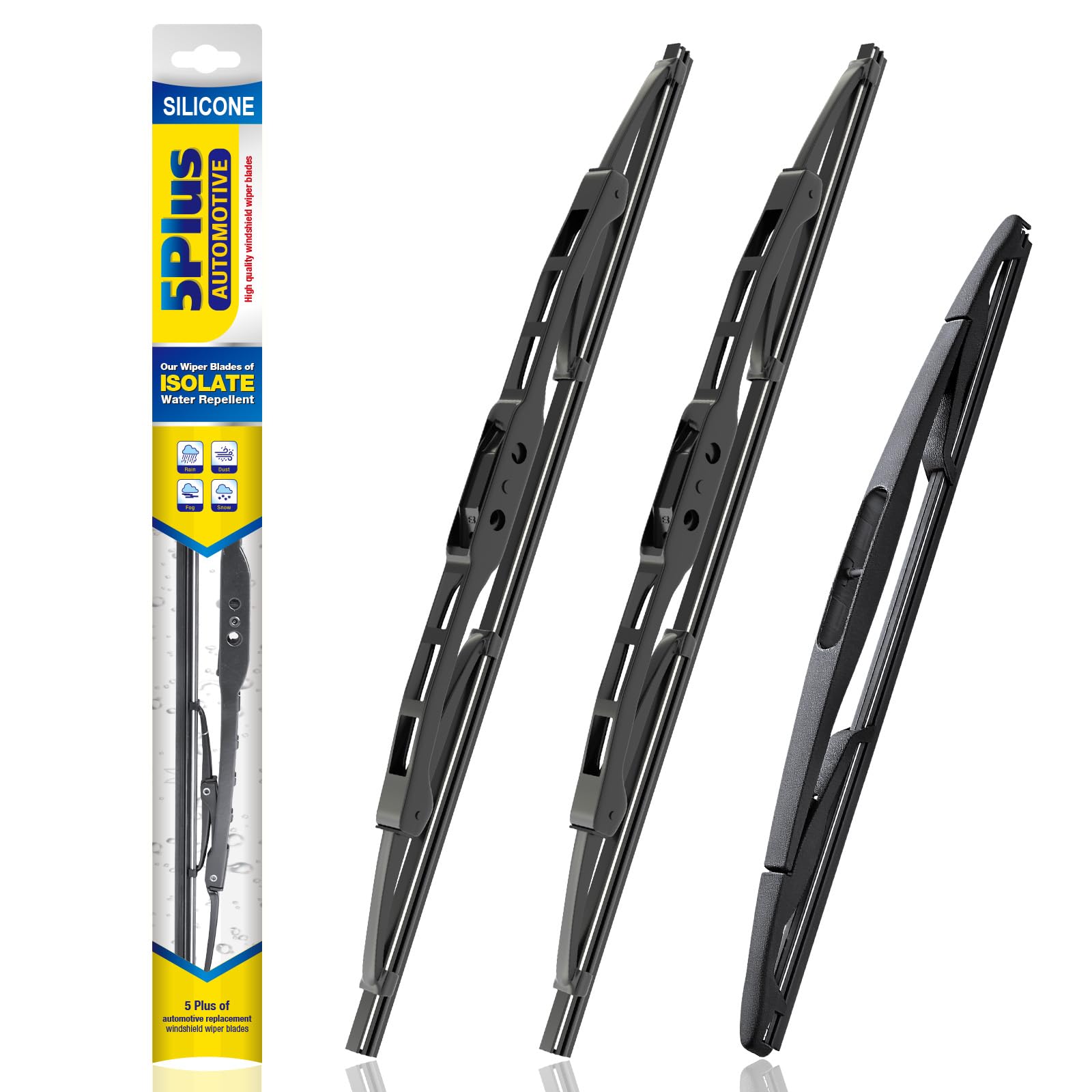 5 PLUS front packaging showing 3-pack wipers and fitment benefits