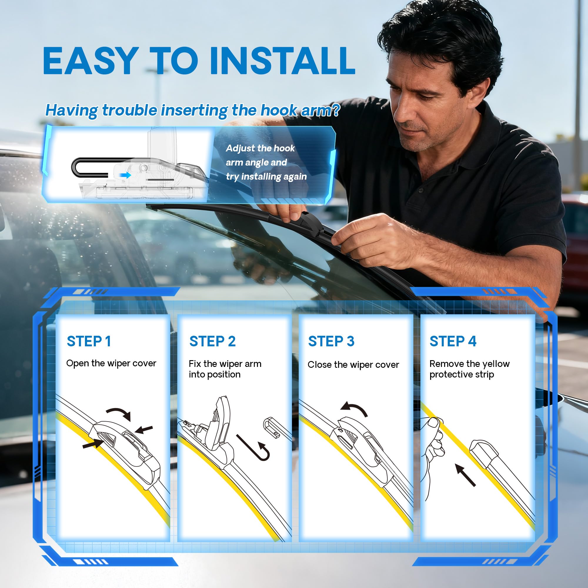 5 PLUS blades on car in rain demonstrating quieter, streak-free wiping