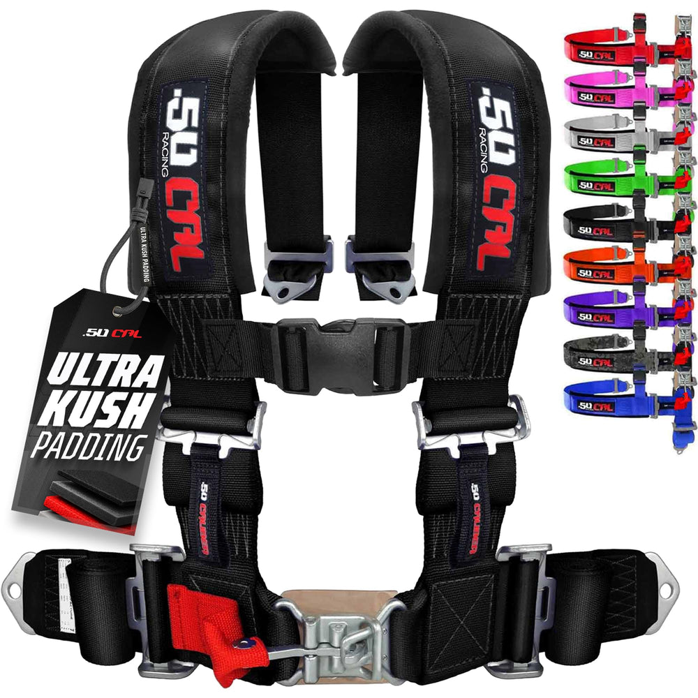 50 Caliber Racing front view of black 4-point harness showing full restraint and fit