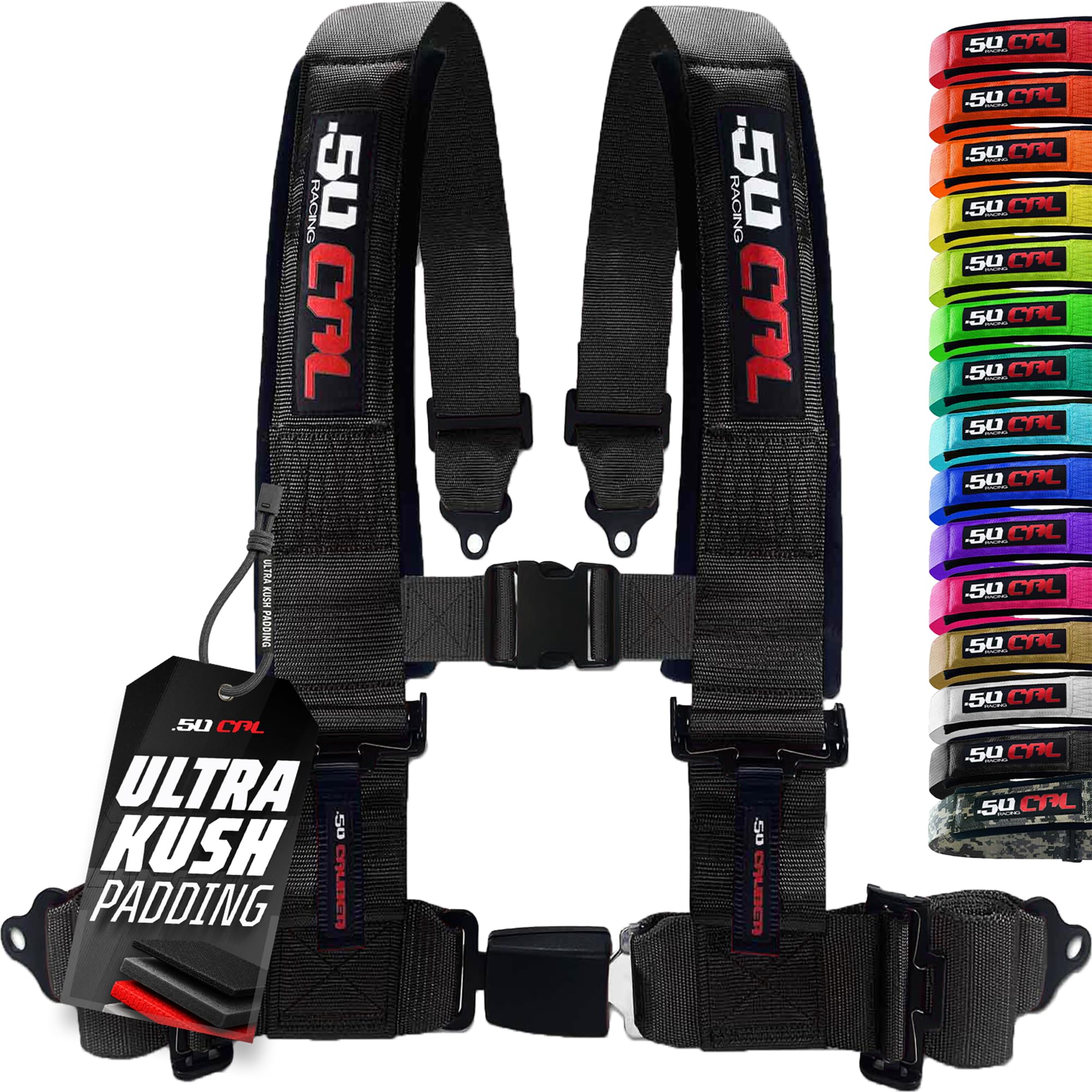 50 Caliber Racing front view of 4-point harness showing fit and comfort