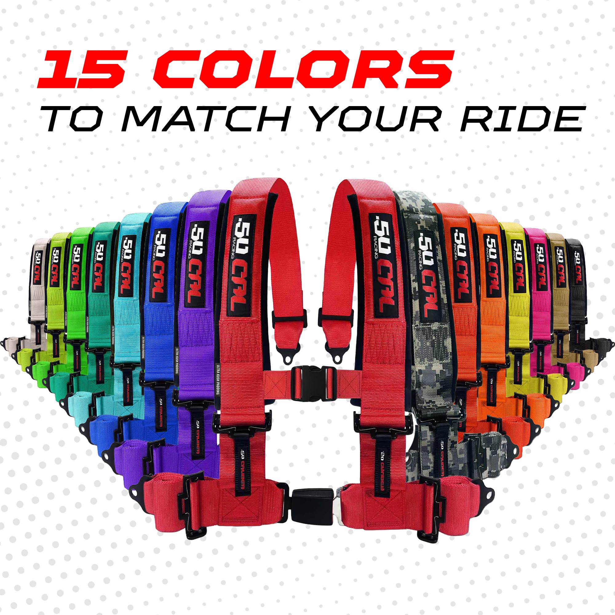 50 Caliber Racing multicolor strap options to match vehicle interiors