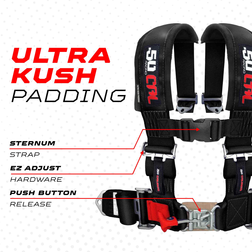 50 Caliber Racing 2-inch webbing and integrated sternum strap for stable positioning