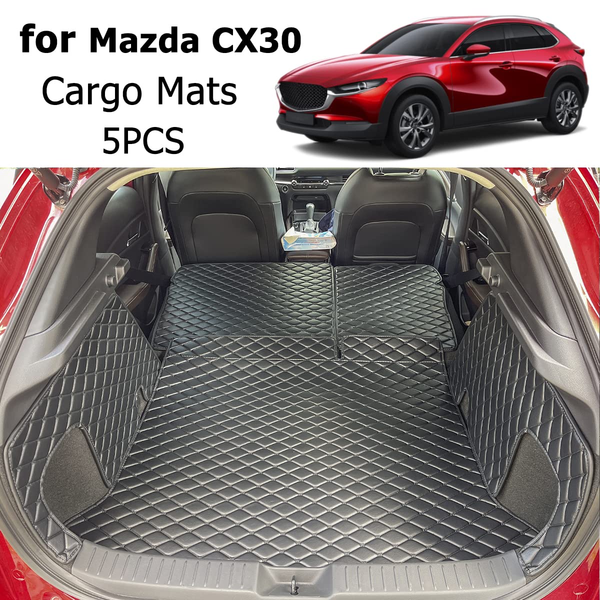 7DEEKEI mat installed in Mazda CX-30 holding groceries and protecting carpet