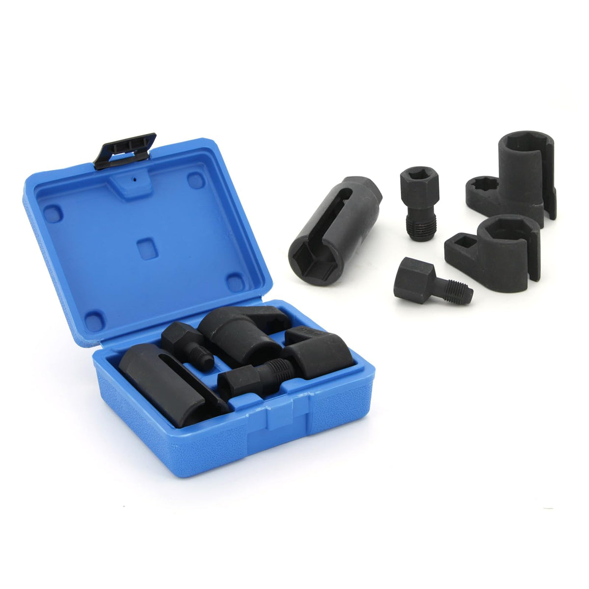 A ABIGAIL front view of 5-piece O2 sensor socket set showing organized kit and benefit of compact storage