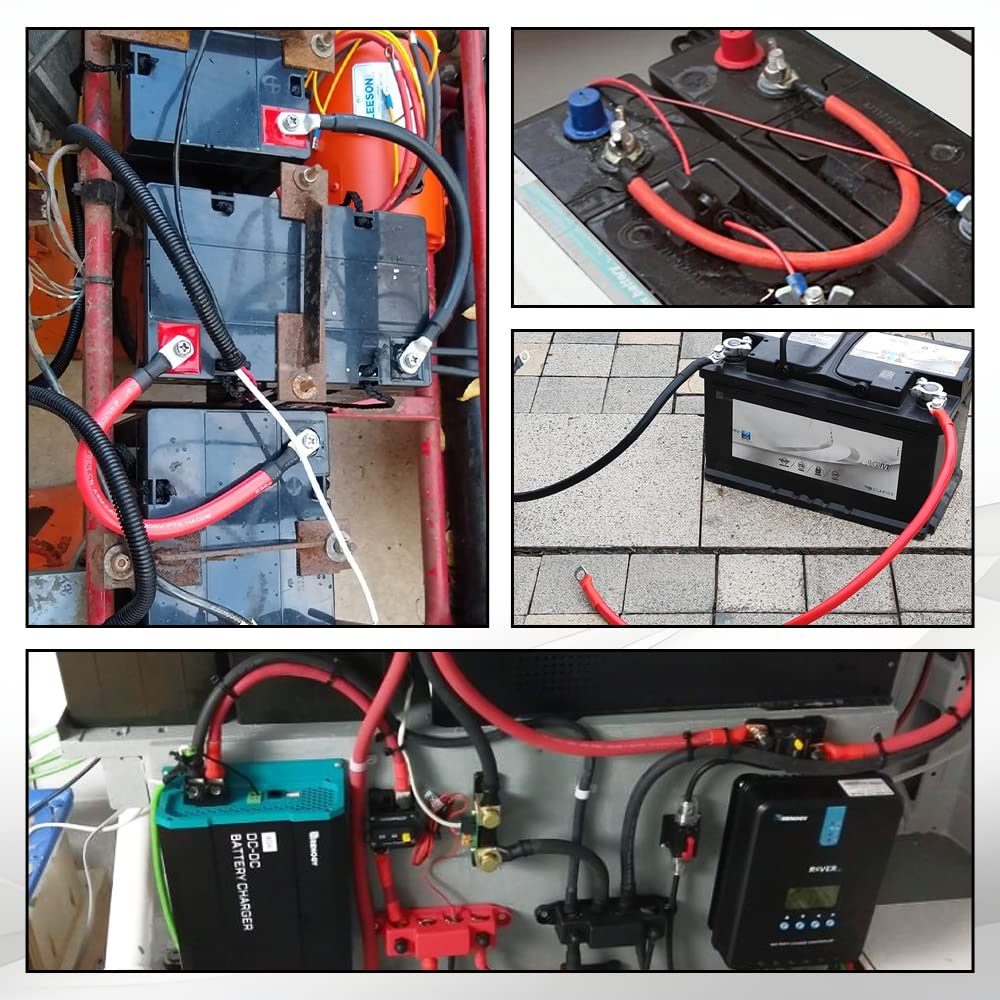 A ABIGAIL red positive and black negative cables attached to a battery showing clear polarity