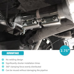 A ABIGAIL sleeve coupler fitted on 2.75-inch exhaust pipes showing leak-reducing seal