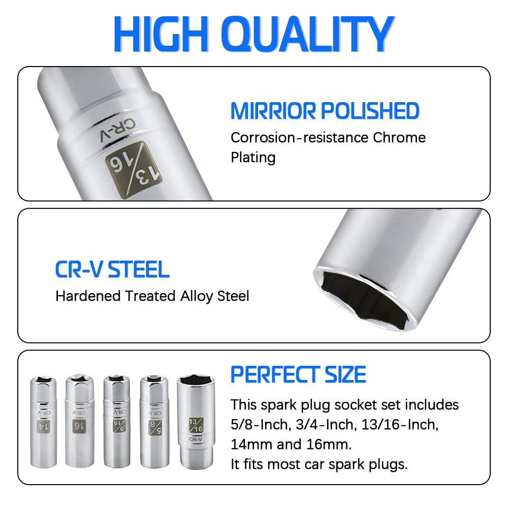A ABIGAIL sockets arranged with size labels to show included 14mm, 16mm, 5/8", 3/4", 13/16" options