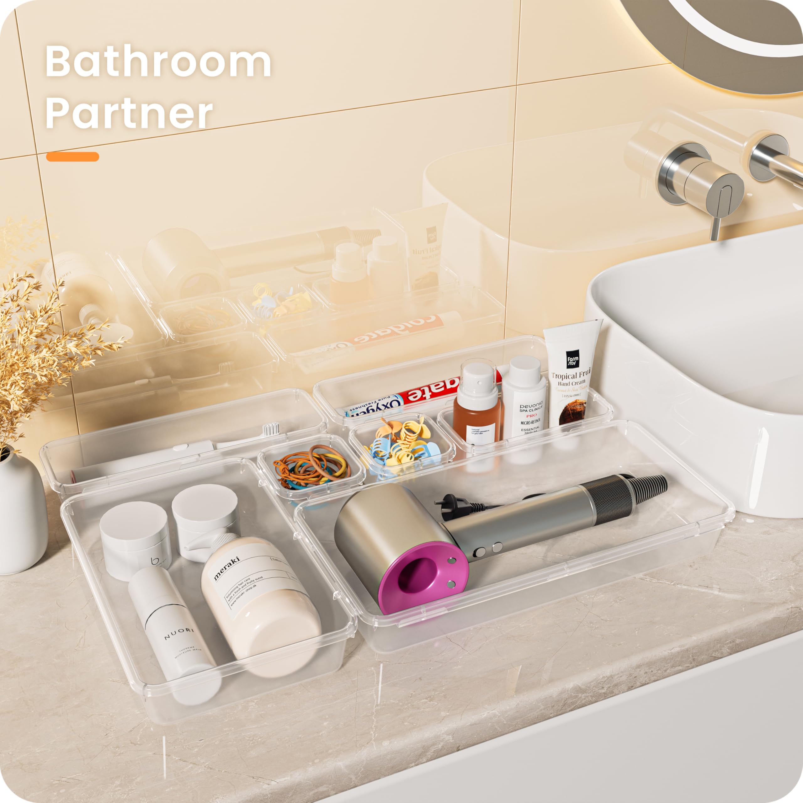 A-LuGei clear bins holding lipsticks and brushes for tidy cosmetic storage
