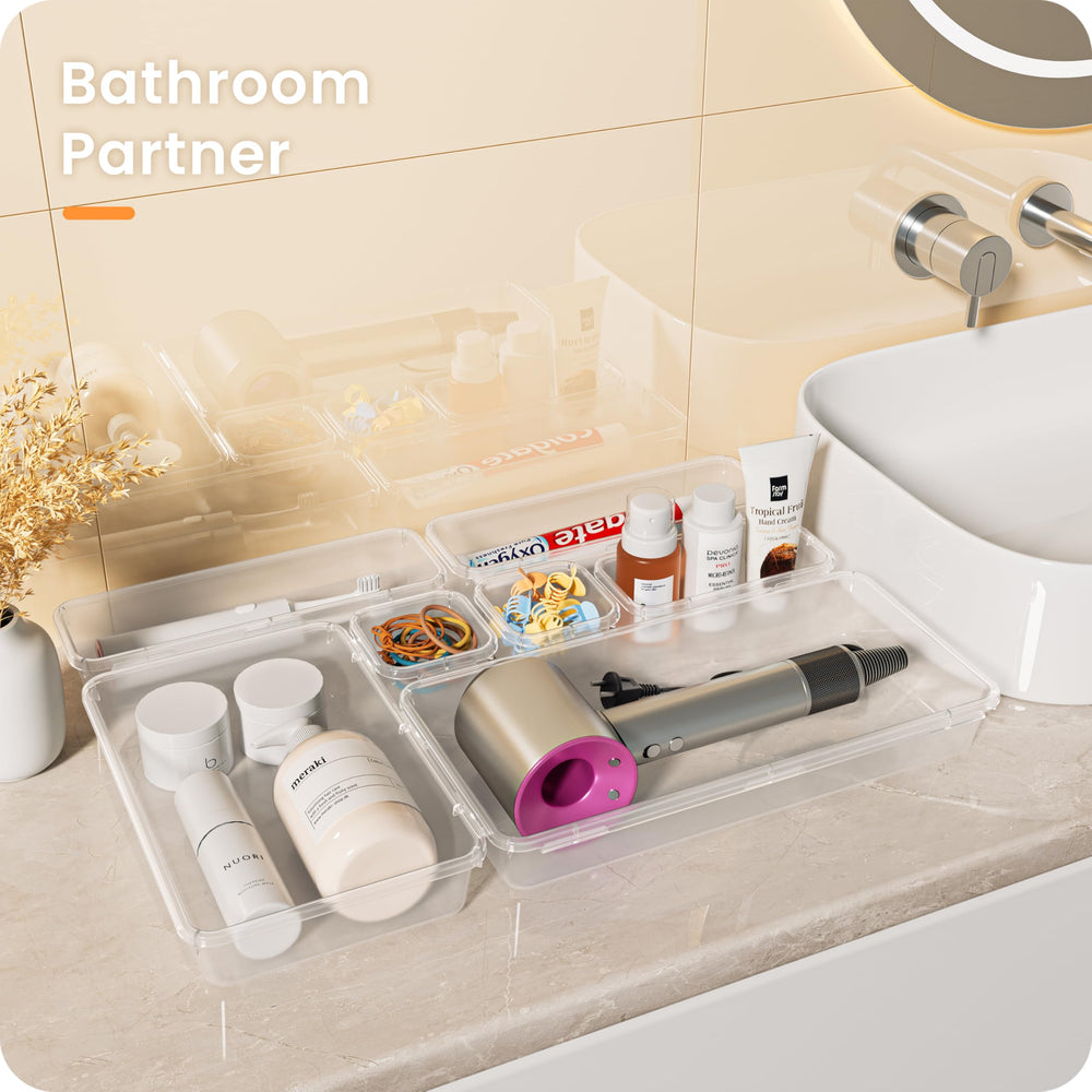 A-LuGei clear bins holding lipsticks and brushes for tidy cosmetic storage