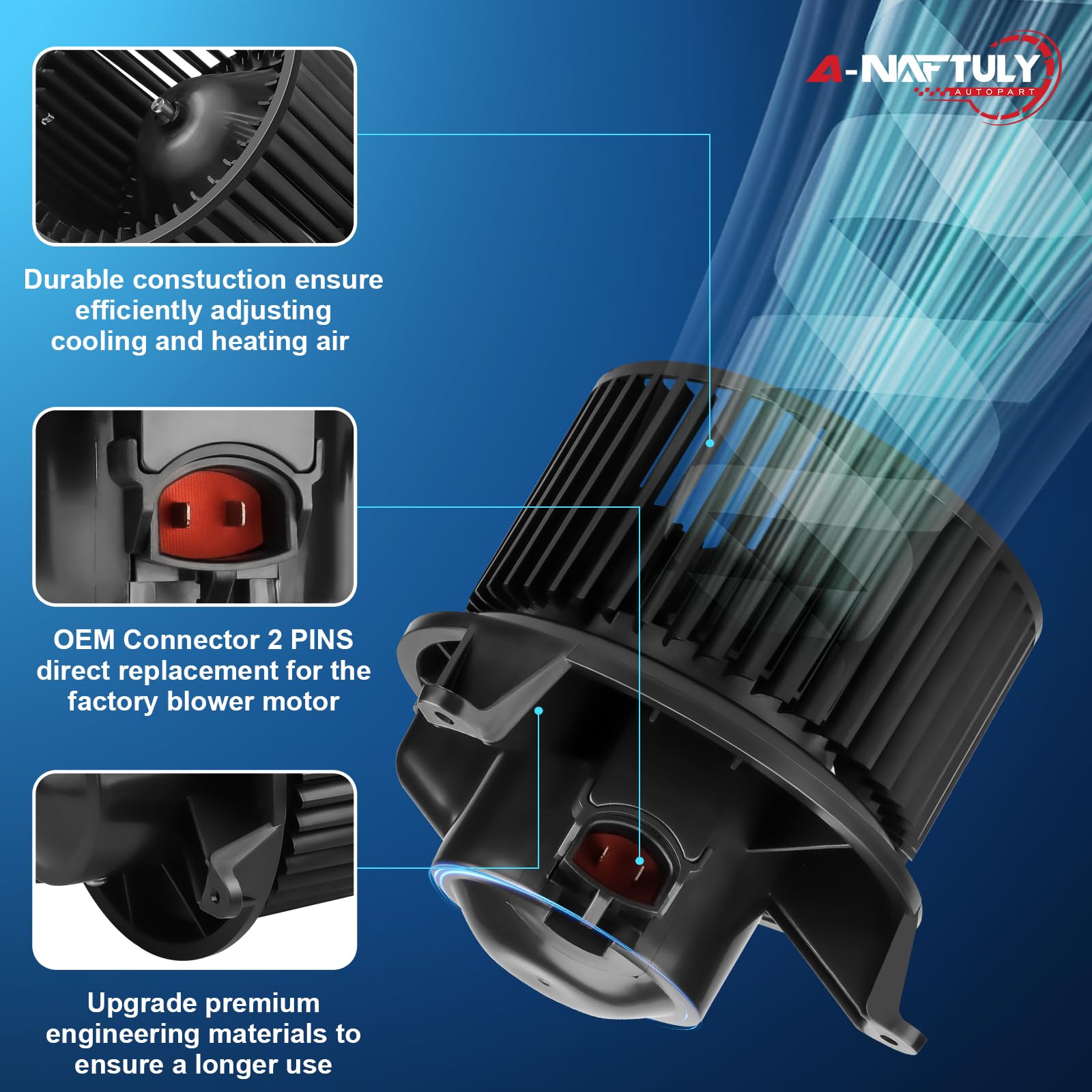 A-NAFTULY blower motor installed in vehicle HVAC area restoring cabin air performance