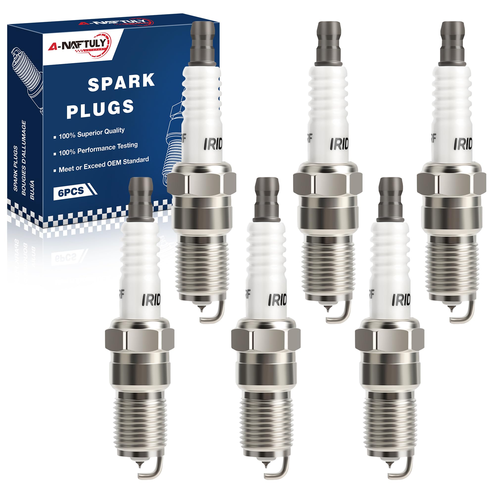 A-NAFTULY front packaging showing six iridium spark plugs and compatibility list