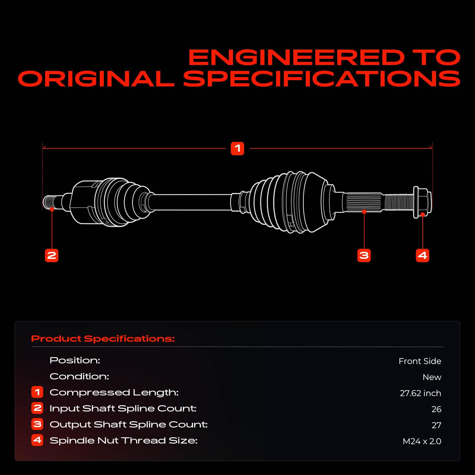 A-Premium axle side profile with length view for accurate fitment