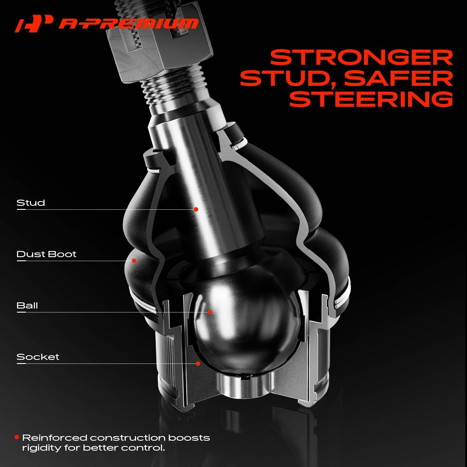 A-Premium ball joint next to ruler showing dimensions for correct fitment