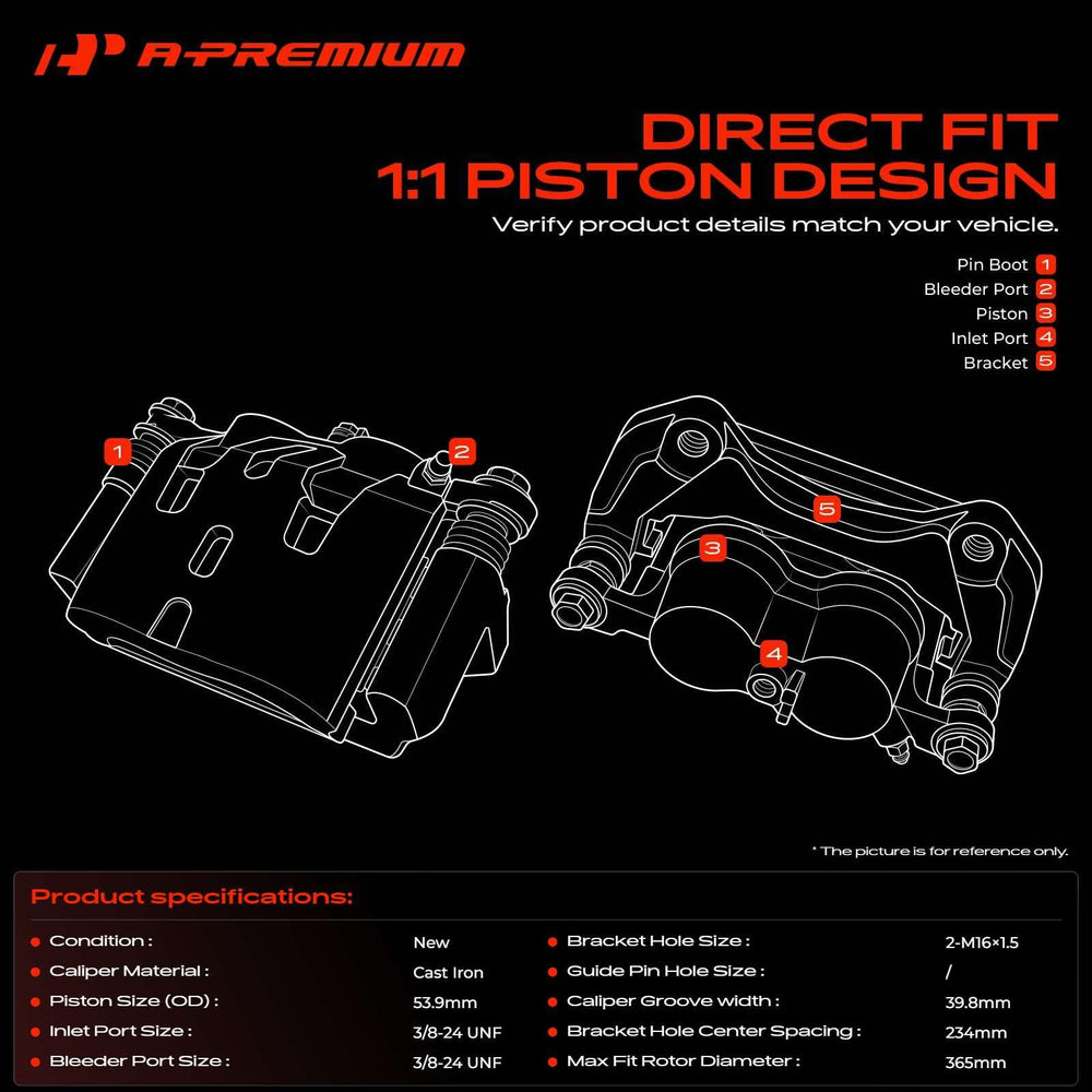 A-Premium caliper with bracket side profile illustrating solid mounting and simplified installation