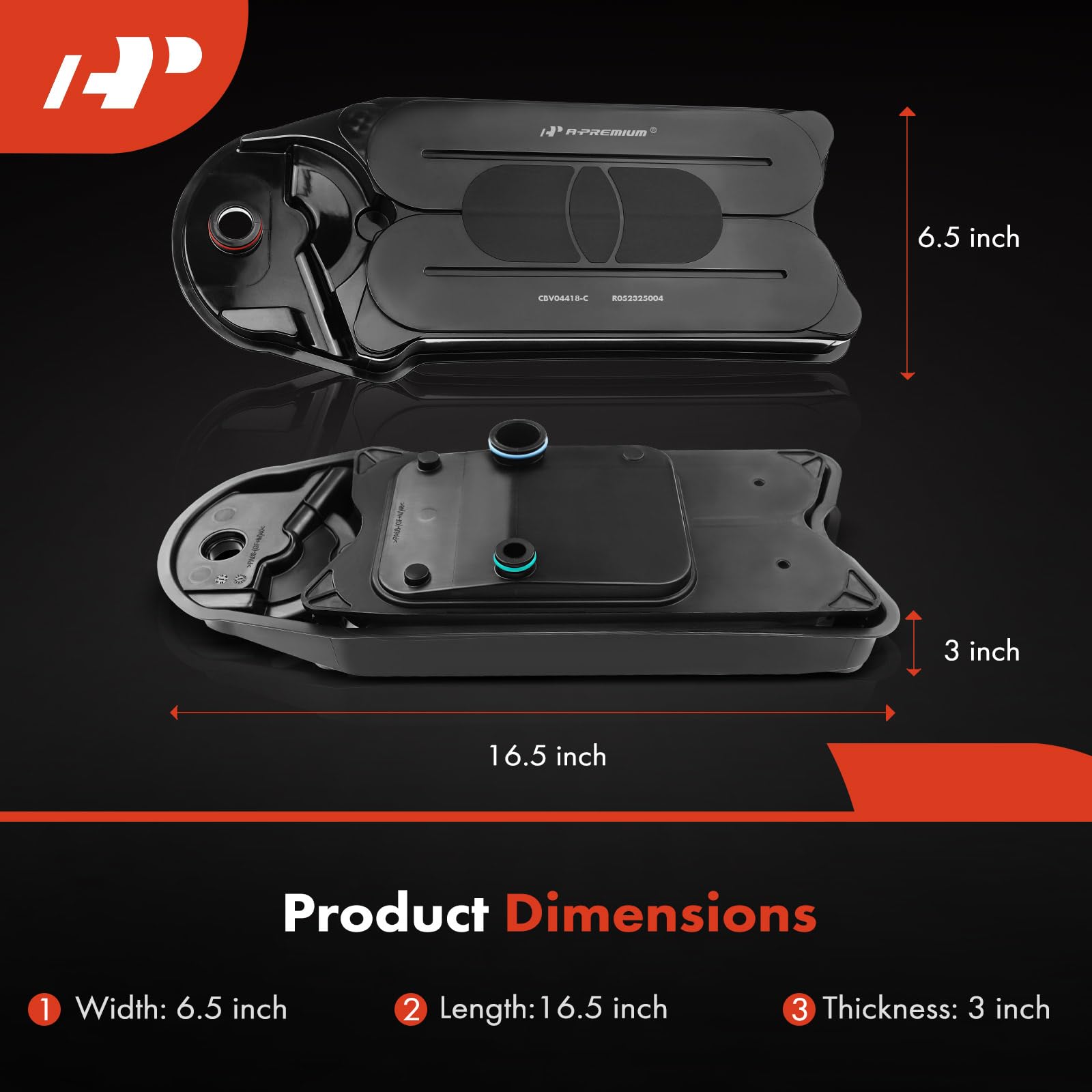 A-Premium next to ruler showing 3x6.5-inch dimensions benefit for accurate replacement