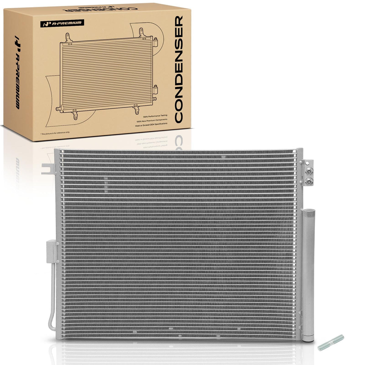 A-Premium condenser front view showing full core and mounting points, aiding fit verification