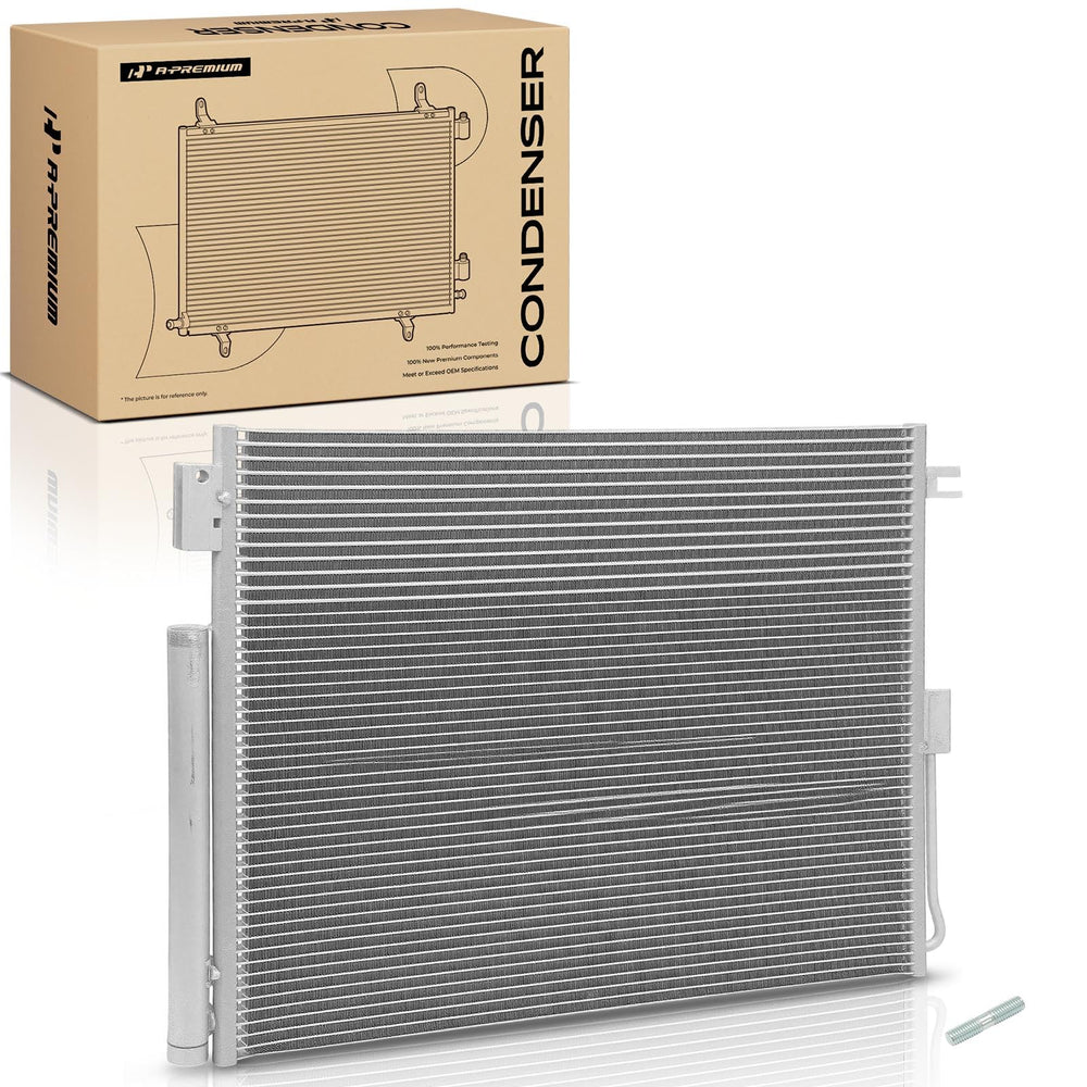 A-Premium condenser in a garage setting with hand tools, representing professional installation