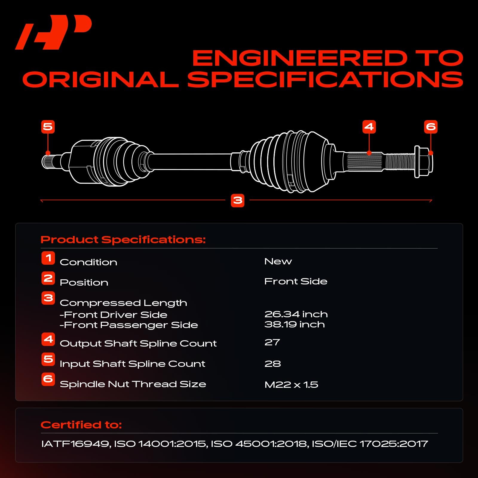 A-Premium right front CV axle full length illustrating longer compressed length benefit accurate match