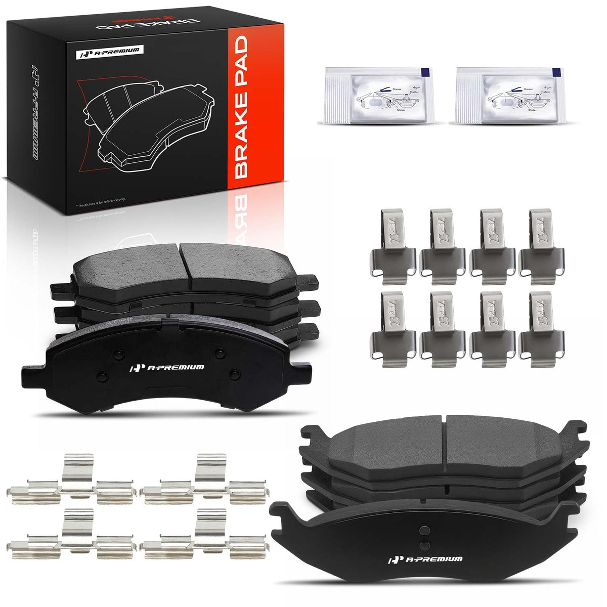 A-Premium kit packaging showing complete brake pad replacement kit benefits