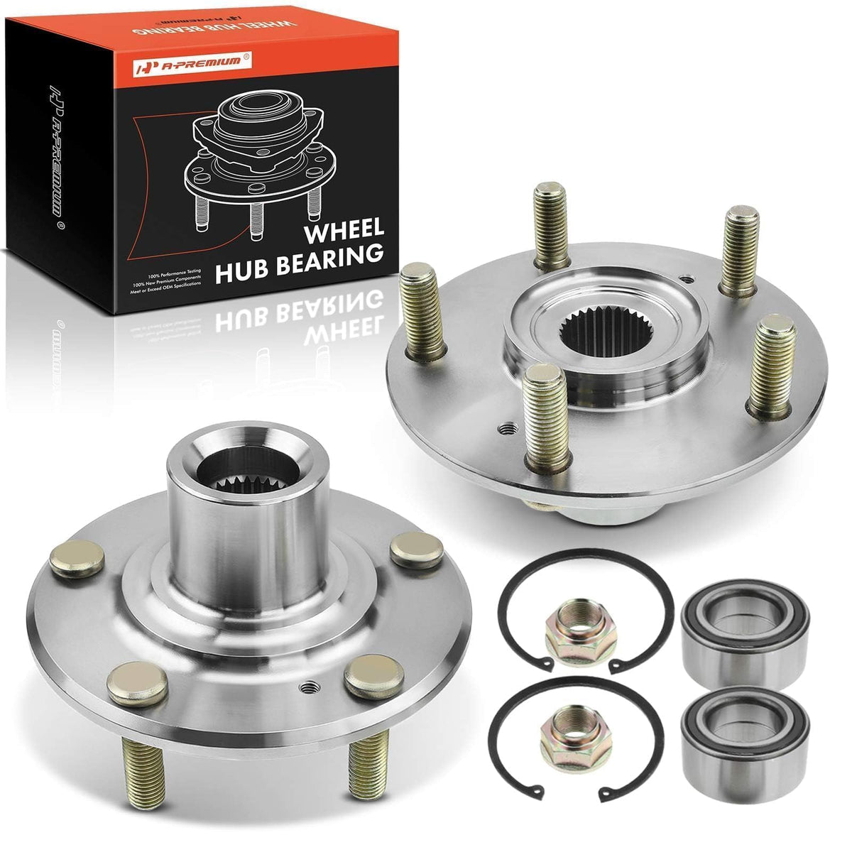 A-Premium front hub pair packaging showing complete replacement set benefits