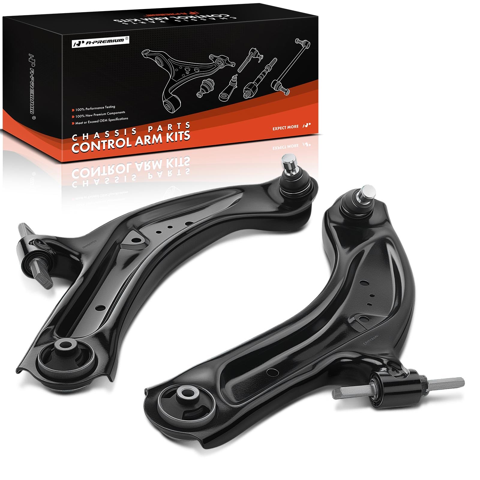 A-Premium front lower control arm pair front view showing ready-to-install components and improved stability