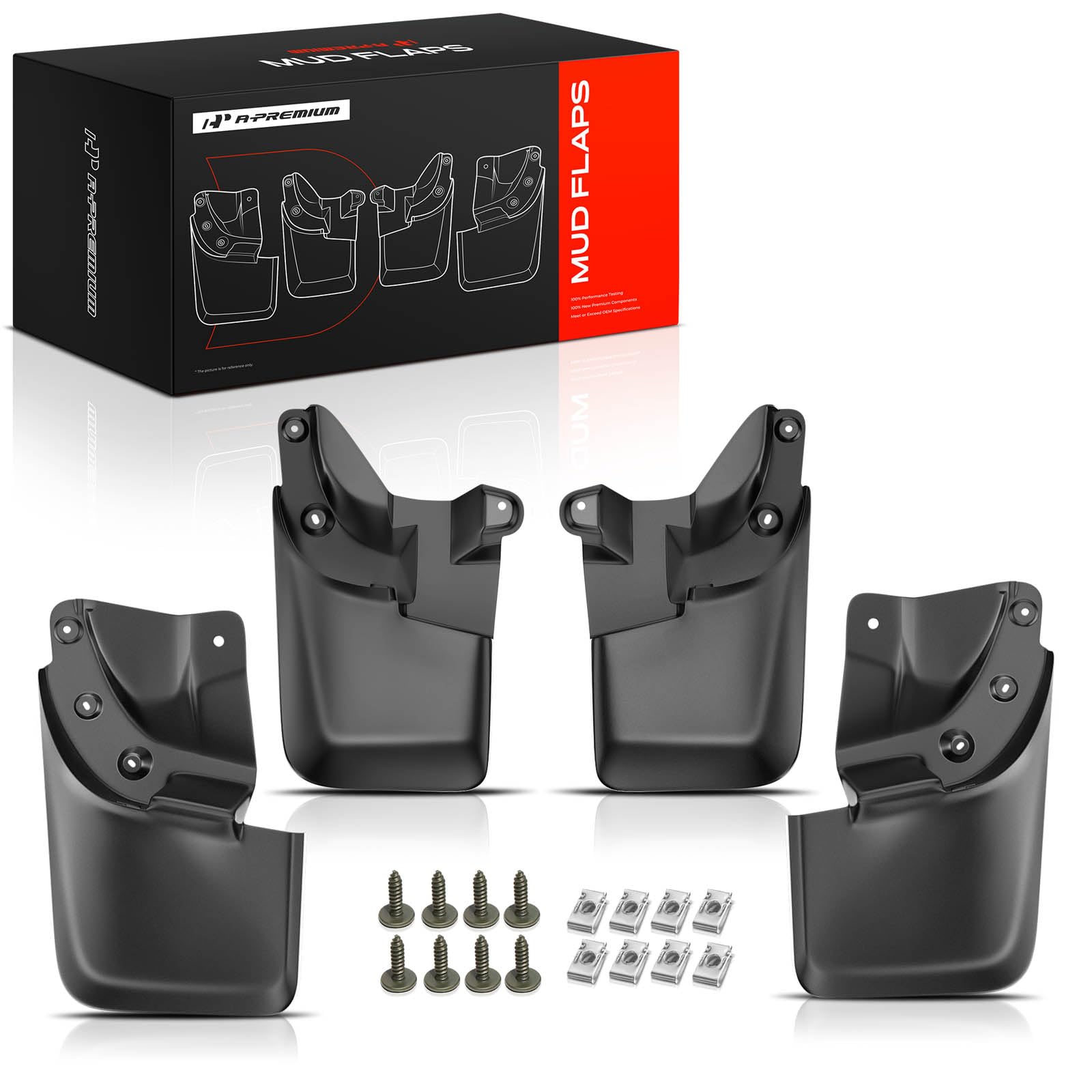 A-Premium front mud flap packaging showing contents and fitment benefits