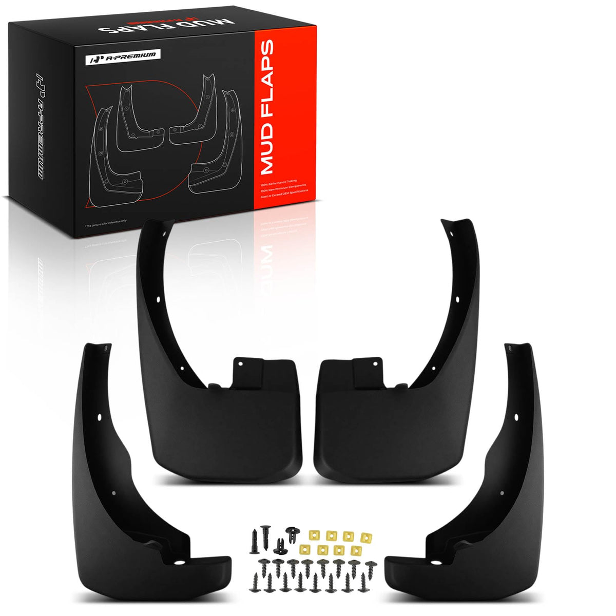 A-Premium front packaging showing complete mud flap kit and fitment