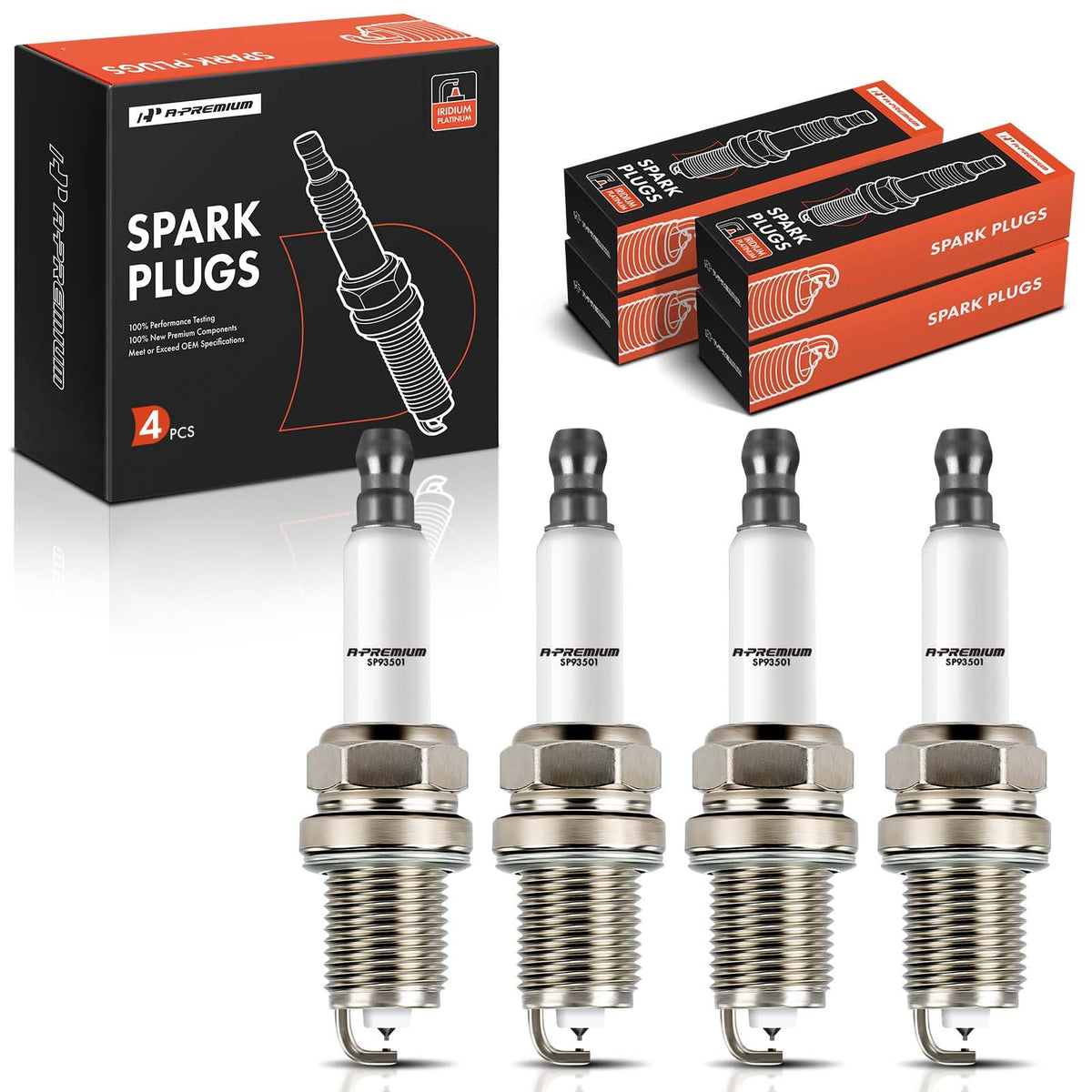 A-Premium front packaging showing four spark plugs and fitment benefits