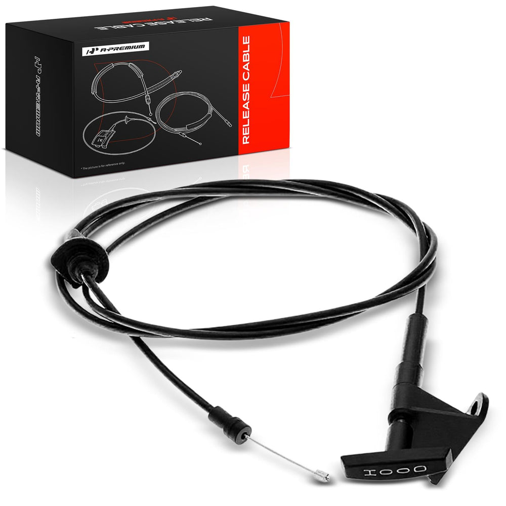 A-Premium front packaging view showing complete hood latch cable and handle, confirming part readiness