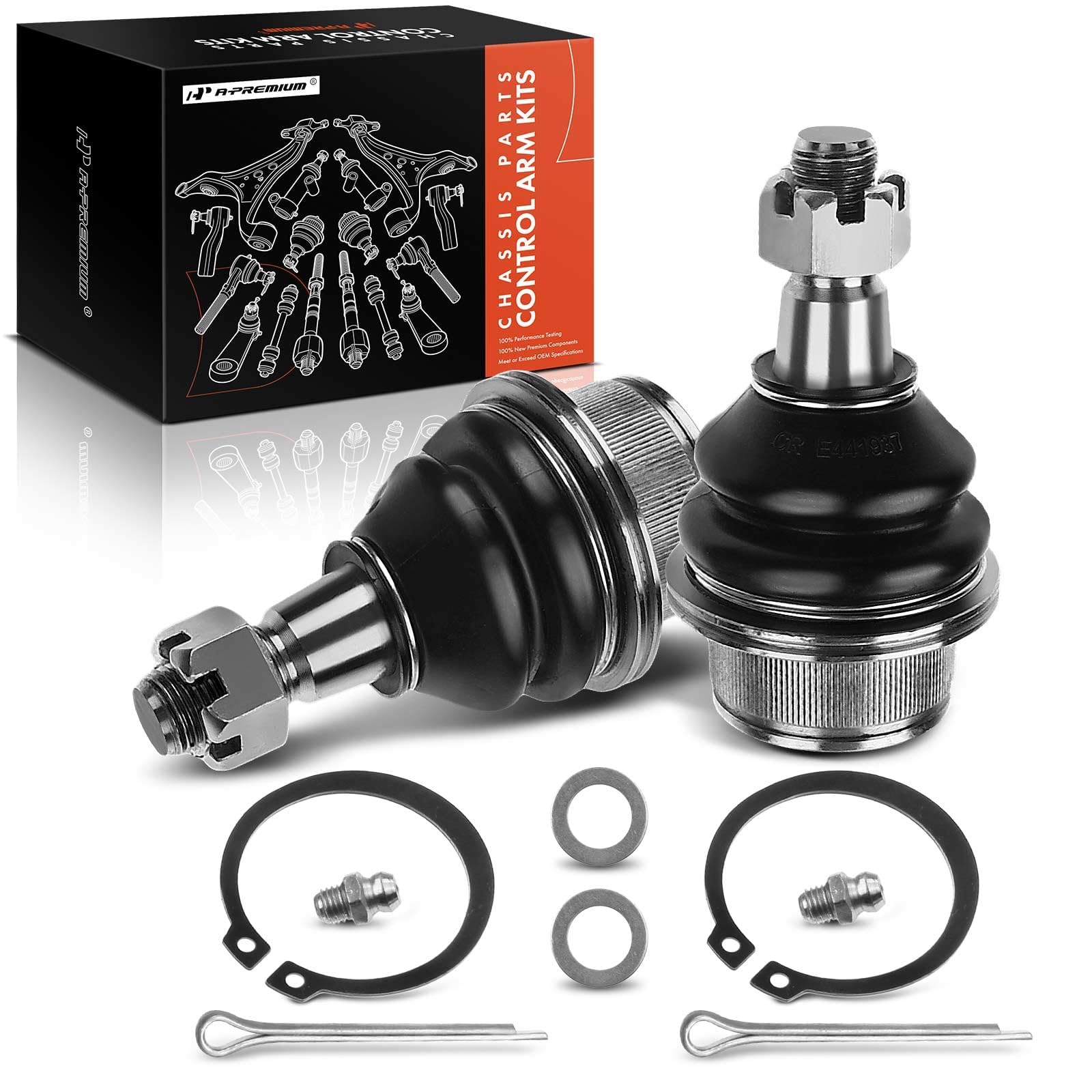 A-Premium front lower ball joints in packaging showing both pieces and benefits
