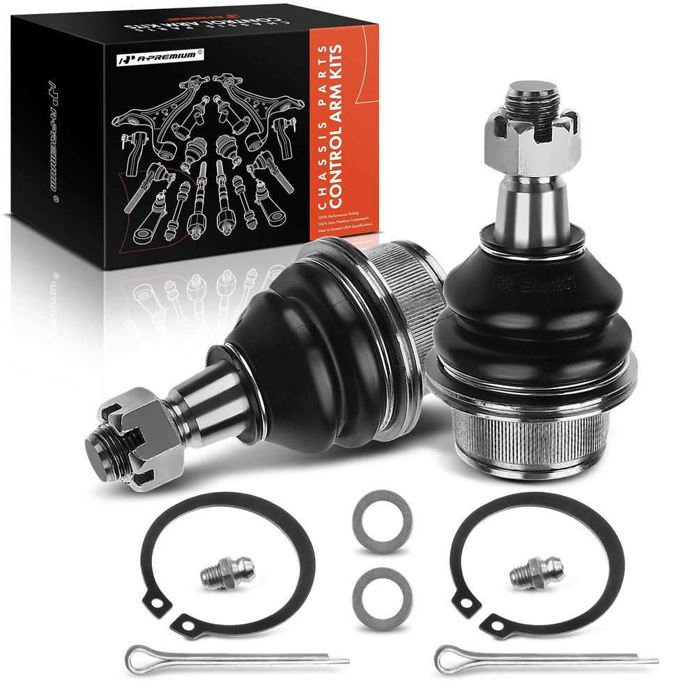 A-Premium front lower ball joints in packaging showing both pieces and benefits
