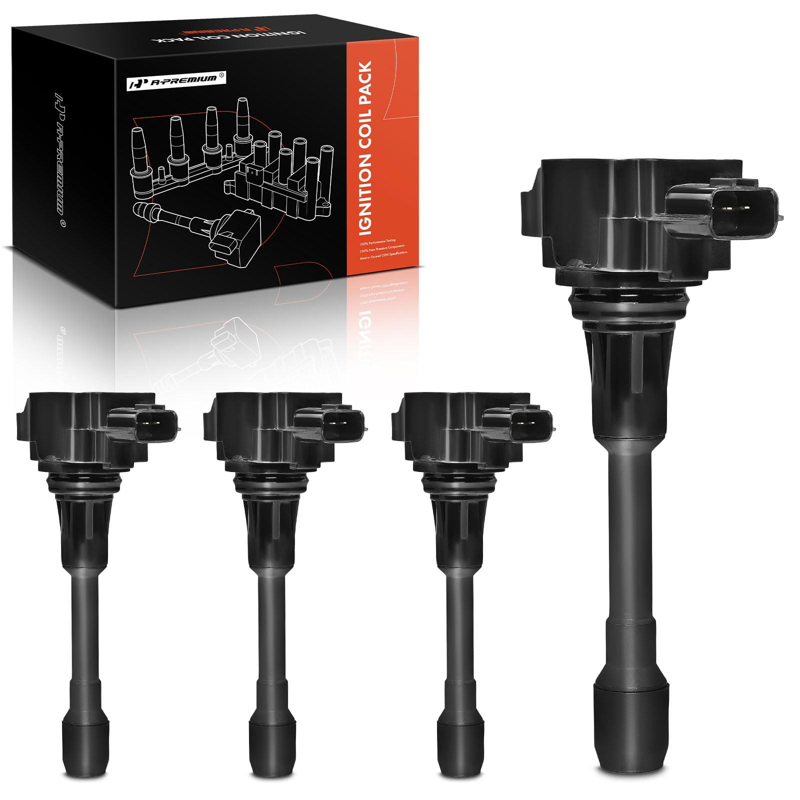 A-Premium front view of four-coil set showing pack and labeling, clear fitment benefit