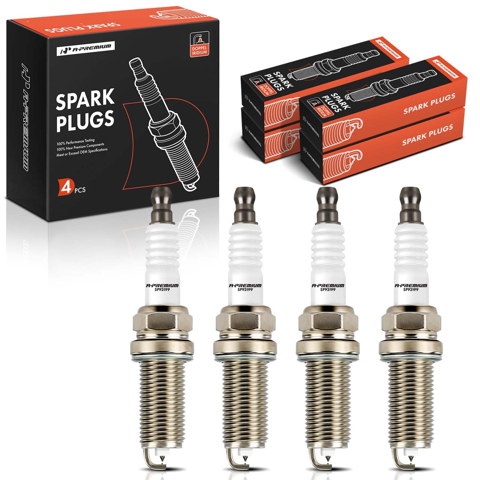 A-Premium front packaging showing four spark plugs and clear fitment info for quick selection