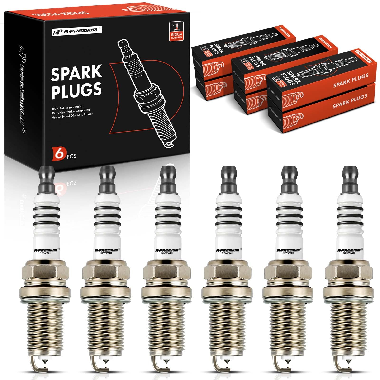 A-Premium front packaging showing six spark plugs and part information, clear fitment benefit