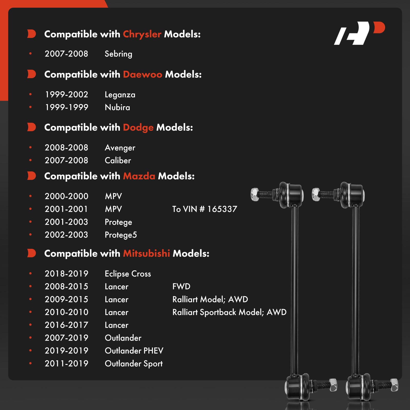 A-Premium front sway bar link side profile showing solid steel shaft for reliability