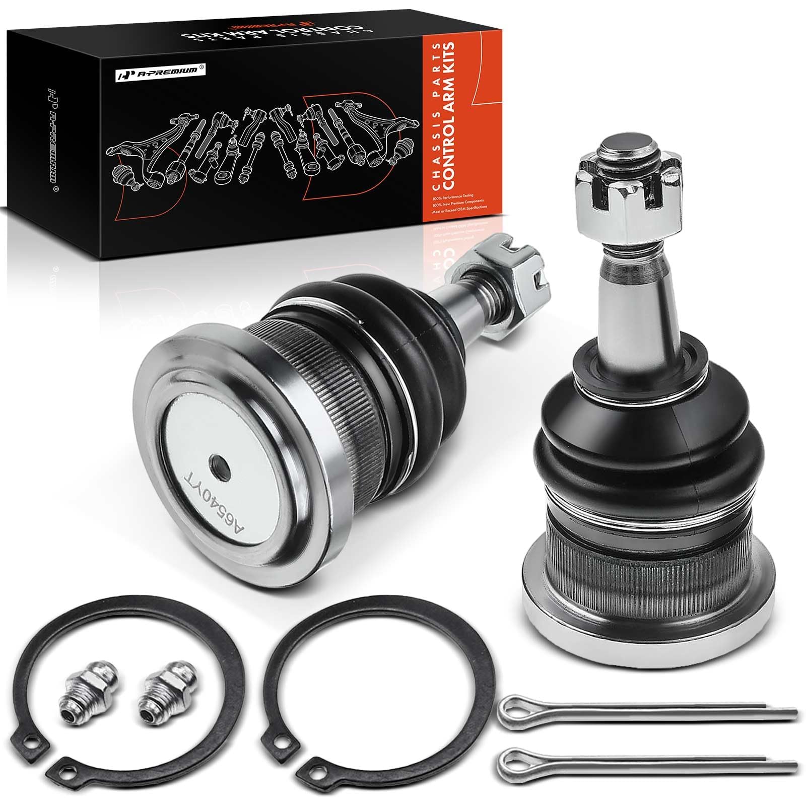 A-Premium packaging showing two front upper ball joints and warranty