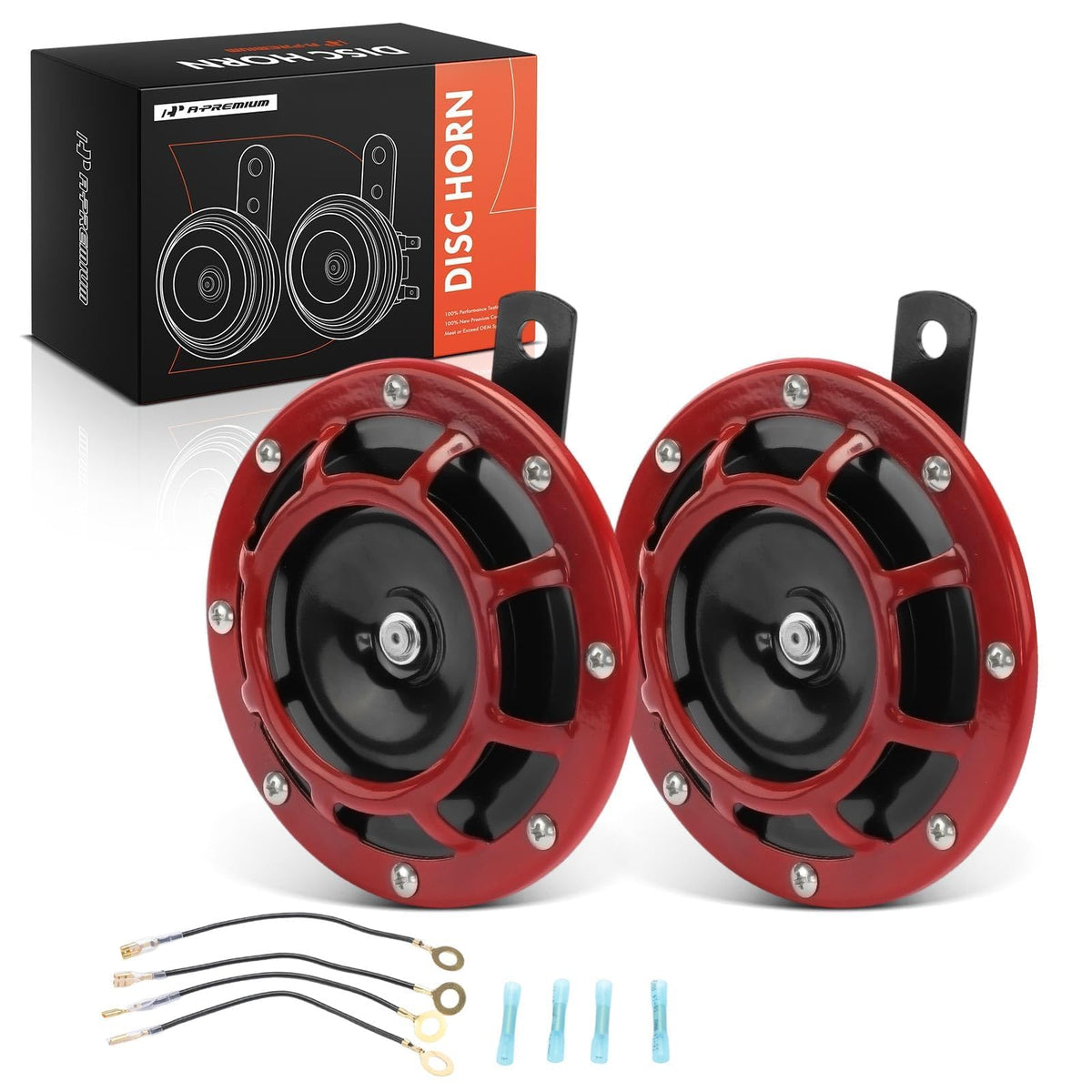 A-Premium front view of paired disc horns showing robust design and loud output